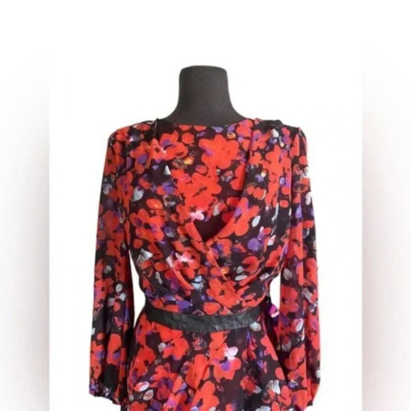 W118 Walter Baker Red Floral Print Sheath Dress Black Leather Waist Band - Picture 4 of 6